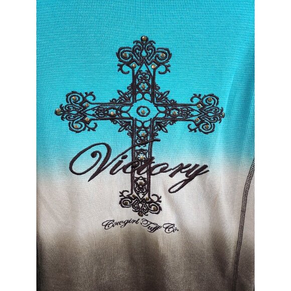 Cowgirl Tuff Co Womens Top Small Blue Brown Thermal Embroidered Cross Western - Picture 2 of 6
